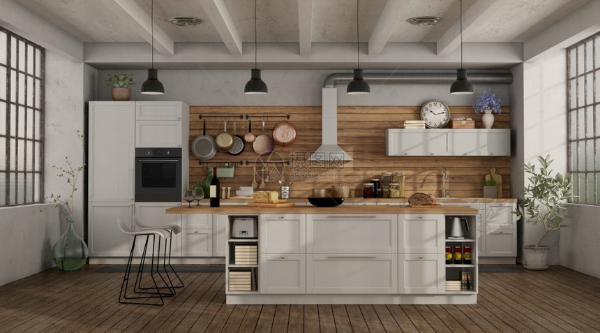 铁现代的在一个有岛和酒吧工具的阁楼里重新装修白色厨房3D将Retro白色厨房变成一个阁楼里天花板图片