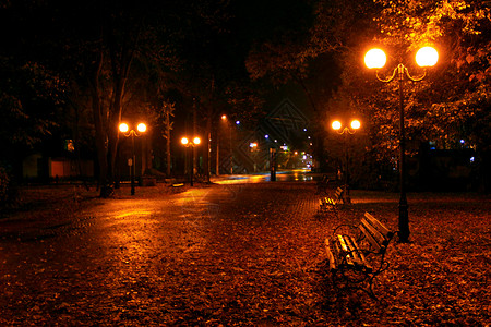 上市晚伊凡诺弗兰基夫斯克公园夜间城市配有灯笼和长椅图片