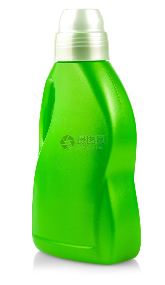 垫圈洗衣店白色背景的绿塑料瓶被隔离在白底效用图片