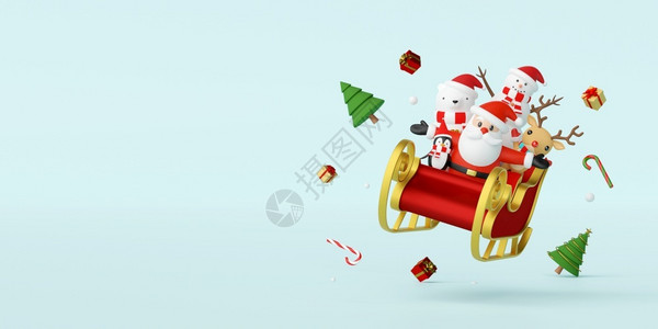 卡车圣诞快乐新年圣诞老人和朋友穿着雪橇的圣诞装饰3D红色的鹿图片