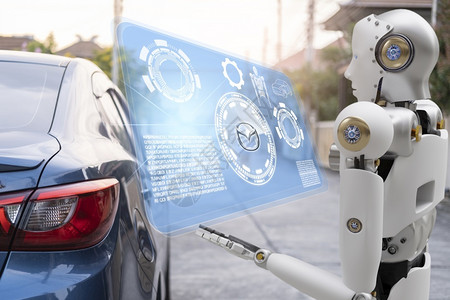 车库专业的机器人网络未来具有汽车检查修业理的人类机体从而进行检查员保险养机械维修器人服务技术的维修工作例如科学背景图片