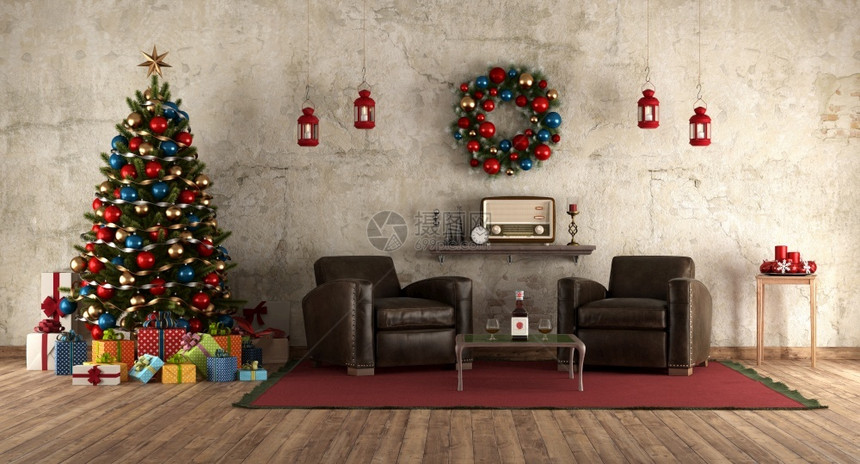 在一个有圣诞树皮椅和装饰品3d的房间里等待圣诞节以回过往风格在房间里等待圣诞节时着喝居住蜡烛图片