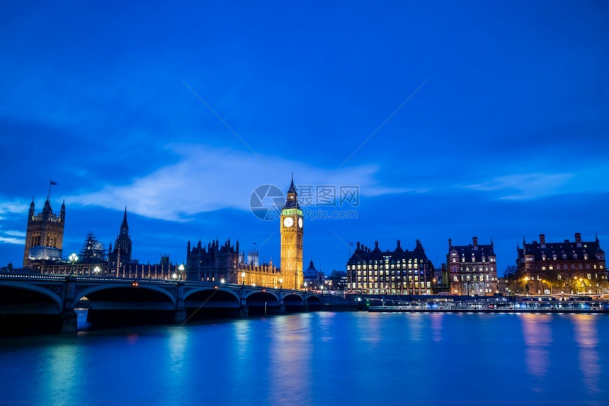 市中心塔伦敦与大本和议会厦的天际连线在英国的黄昏夜晚图片