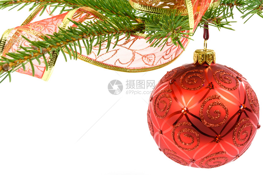 云杉冬天季节红色玻璃球挂在装饰着红丝带的树枝上白色背景和影印地点图片