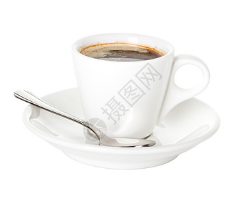 液体咖啡杯和茶碟用勺子孤立在白色背景上香气小路图片