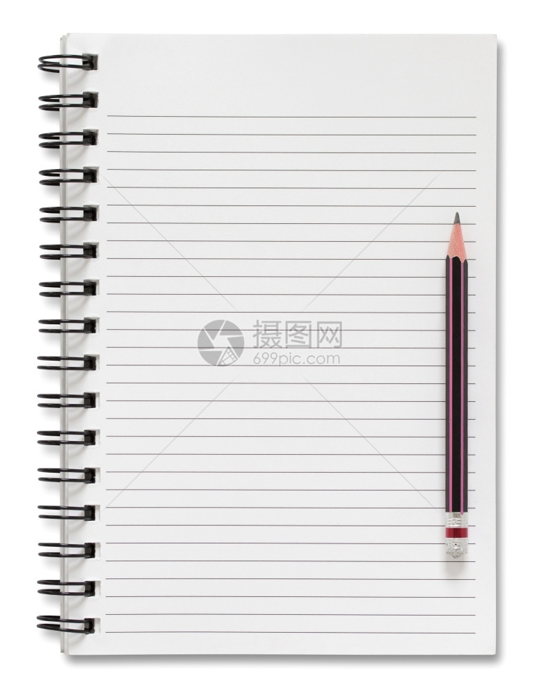 覆盖白色上孤立的空螺旋笔记本和铅学校空白的图片