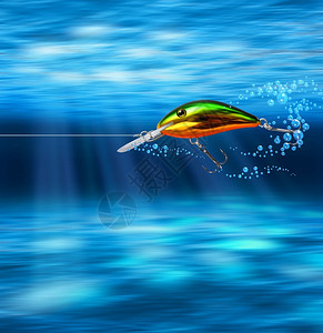 钓鱼钩锋利的通过深蓝海在水下打猎的多彩诱饵在水下打猎图片