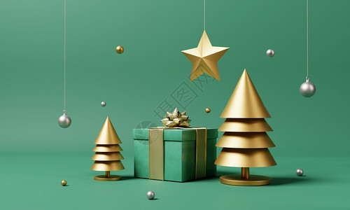 星星和球星圣诞节成套装饰和配有金色的Xmas树和在孤立的绿色背景上放雪花假日节和最低程度目标概念3D插图派对问候设计图片