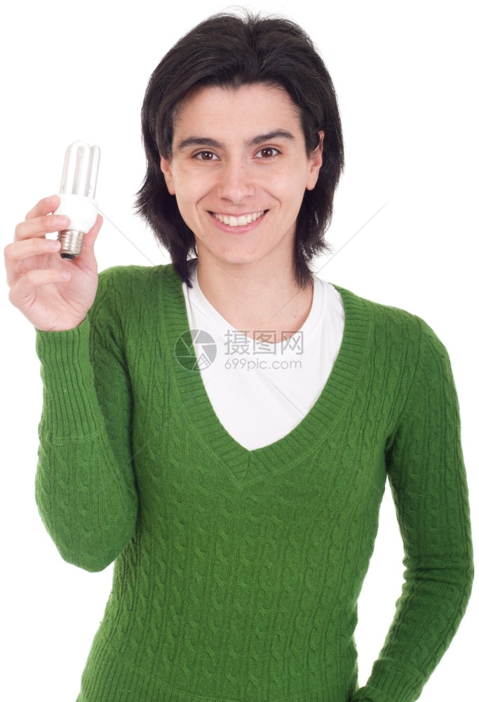 手持白背景孤立的节能灯泡笑着容的随意妇女绿色高效的图片