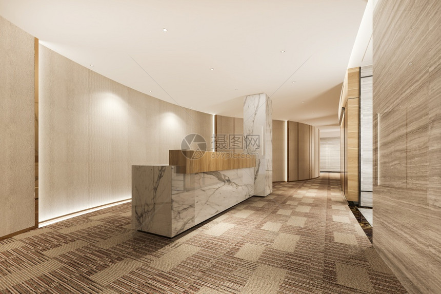大厅枝形吊灯3d提供豪华酒店接待厅和配有现代柜台的木类亚洲风格办公室大堂图片