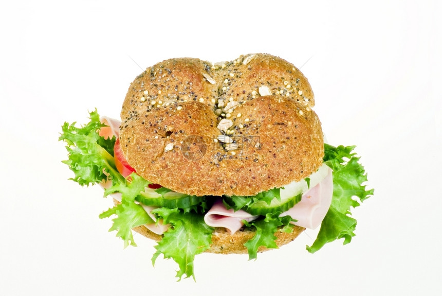 卡路里带火腿和蔬菜的新鲜三明治白底菜绿色小麦图片