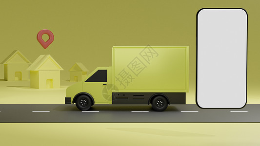 面包车黄色卡上面有白色屏幕移动电话模型超过黄色背景订单交付的黄色卡车在线跟踪3D翻转信息图服务背景图片