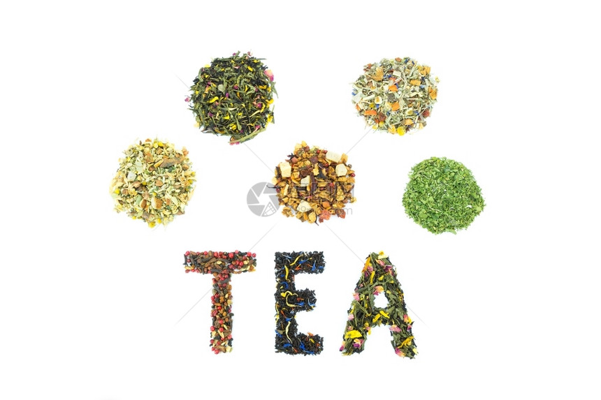 WordTEA字母由白色背景上孤立的不同茶叶物种所制作生异国情调庄稼图片