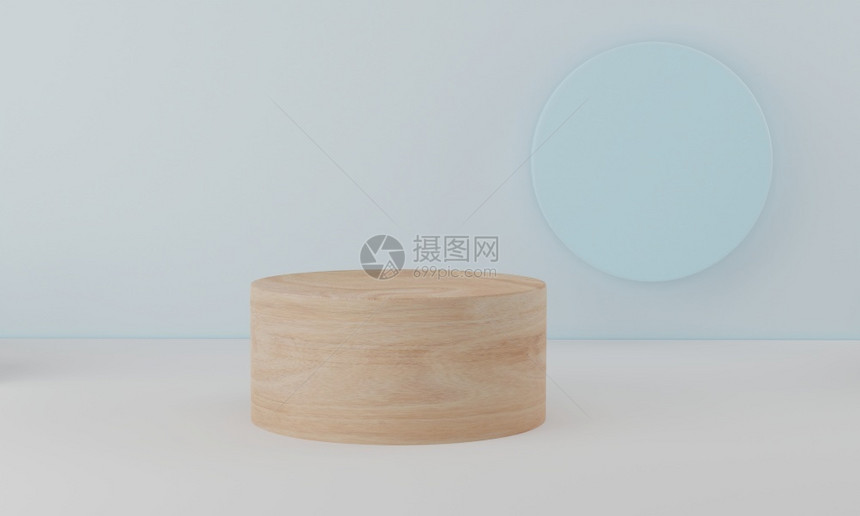 站立步圆木板讲台上最低限度的白色墙壁场景圆柱式讲台平用于化妆品展示3d放图片