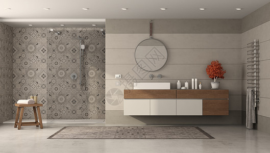 家浴室复古的木制人们现代洗手间用水槽和淋浴复式瓷砖3D制成现代洗手间用淋浴和脸盆设计图片