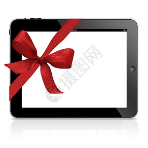 麦金塔红色的丝带礼物有红色萨丁礼的ipad平板电脑白色背景被孤立设计图片