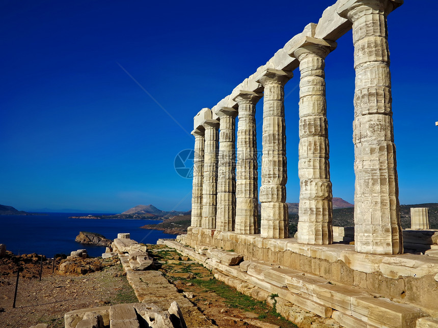 地中海希腊阿提卡CapoSunio的古代波塞冬神庙海观经典的建筑学图片