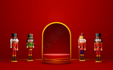 胡桃夹子玩具为了宣传册新的3d插图带有坚果的产品几何讲台圣诞节主题设计图片