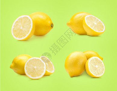目的新鲜柠檬水果在绿色背景上被孤立的柠檬水果黄色图片