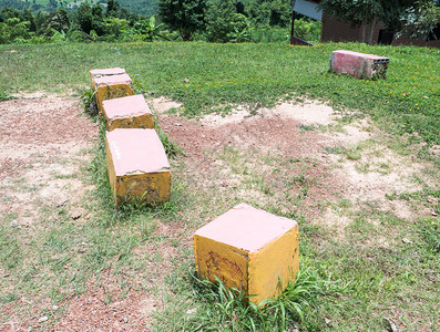 植物在草地上混凝土的立方石座椅用于在农村房子里露营会议椅图片