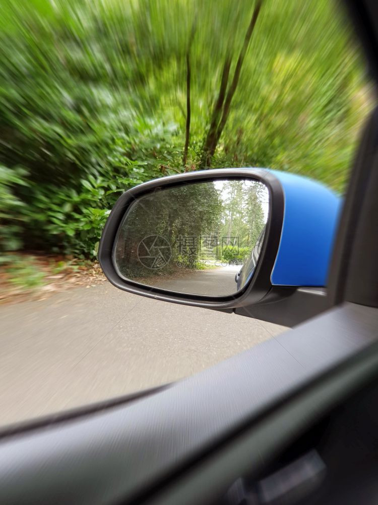 自由街道跑林中两车曲折路的侧视镜反射美丽的绿色自然特写林中双车道曲折路的侧视镜反射美丽的绿色自然图片