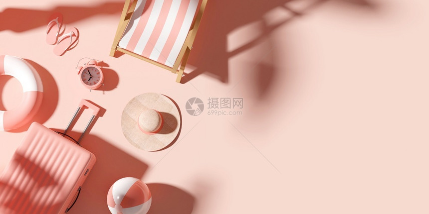 暑假概念棕榈树下海滩椅和附件的顶端视图3d插太阳镜最佳配件图片