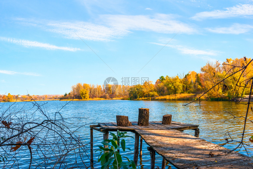 风景秋天阳光明媚的河边伍德码头和木生态风景优美图片