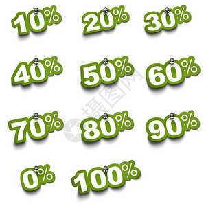 七十打折特别的固定在白色背景上用推针钉固定的全比例绿色贴纸集百分数图片