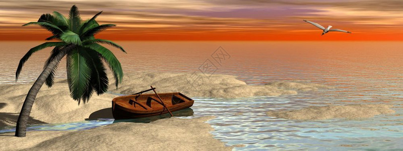 蓝色的日落时岛边海滩棕榈树旁的小木船3D泻湖老的背景图片