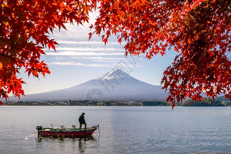 秋天在日本川口江湖的藤田山带红树叶季节东京雪图片