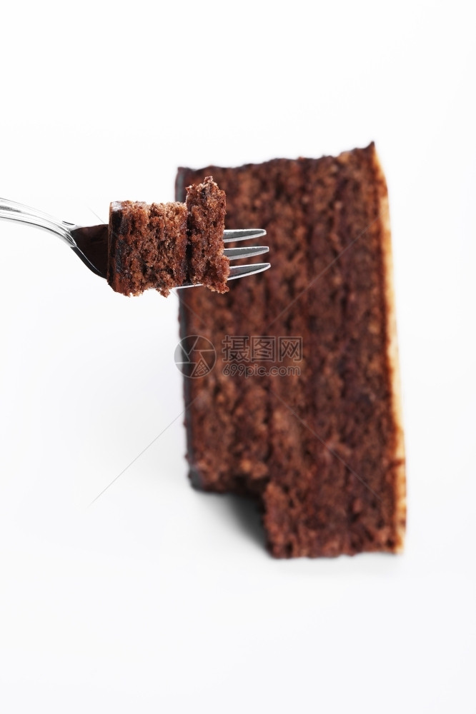 可口叉子上的一块巧克力蛋糕白色背景上的巧克力蛋糕叉子的一块巧克力蛋糕点甜图片