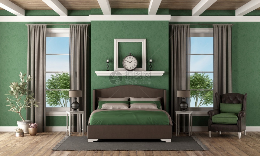 优雅的经典风格绿色和棕主卧室3D制成绿和棕色主卧室窗户公寓图片