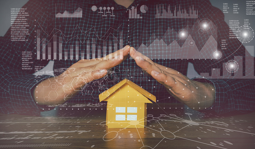 商业金融保险概念商人代理保护黄屋家庭健康模范生活财务不动产房地投资统计增长图管理战略表的增速数字管理战略安全的手买图片