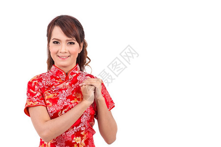 微笑亚洲人裙子裔女孩以传统文新年国贺礼图片