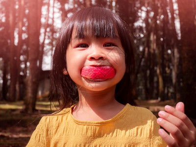 女儿快乐的小孩在暑期童年快乐中在户外吃红苹果的肖像外部季节饮食高清图片素材