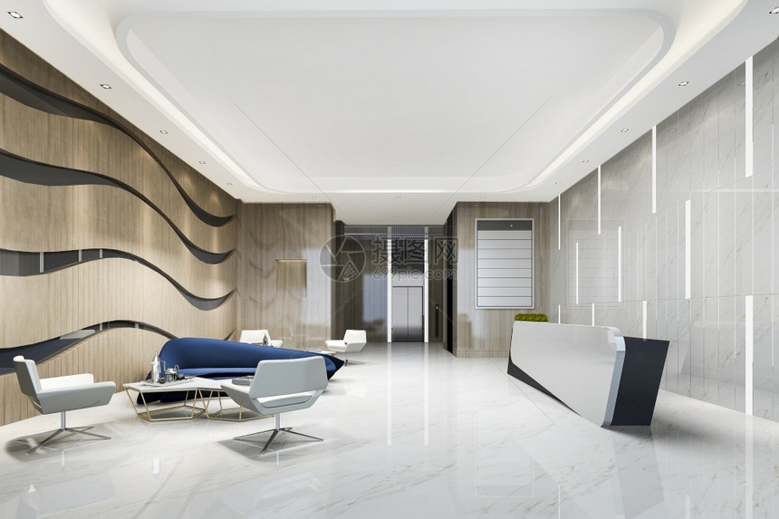 3d在电梯走廊附近用蓝色沙发提供现代豪华酒店办公室接待和休息灯等家具图片