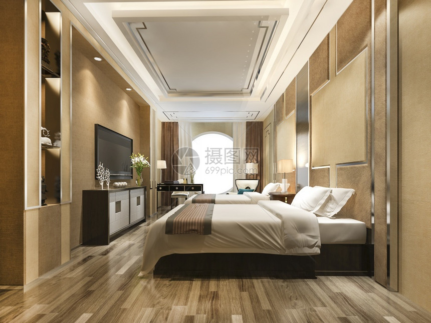 复古的3d在酒店提供豪华的经典现代卧室套房明亮的放松图片