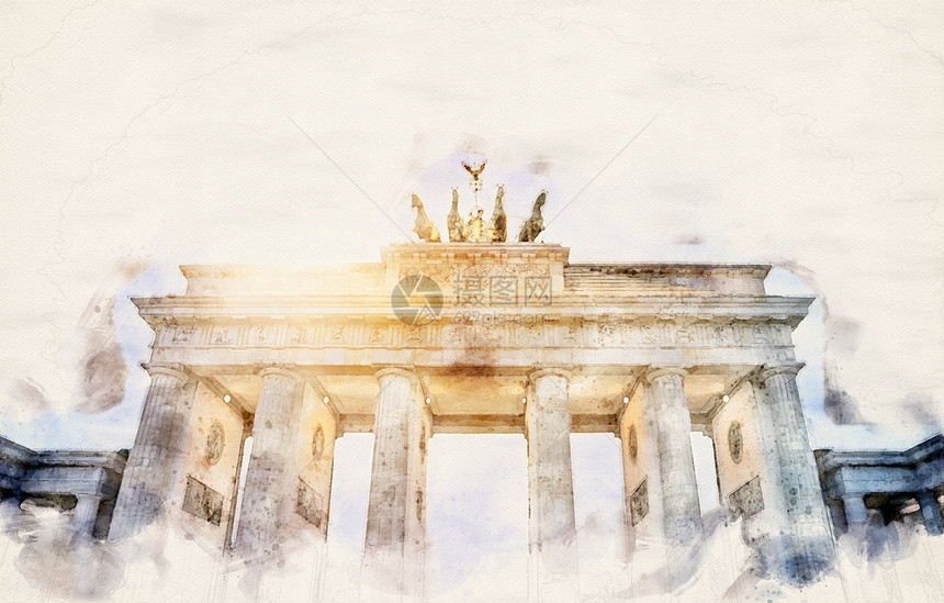 草图德国柏林BrandenburgerTor水彩色插图新古典主义天空图片