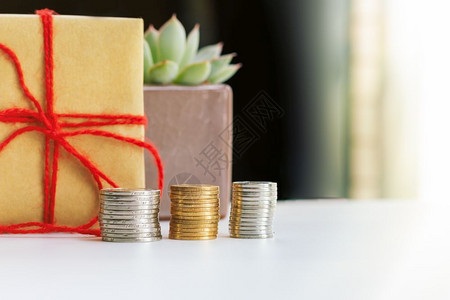 钱象征盒子概念用礼品箱和小树节省资金一投资与利息图片