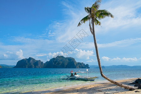 蓝色的山区岛屿棕榈树和孤单船等热带景观椰子娱乐图片