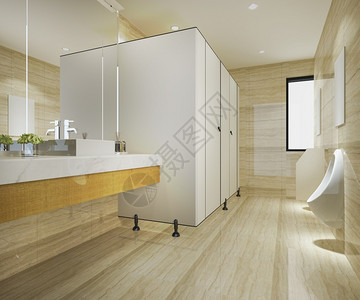美丽的3d木柴和现代瓷砖公共厕所渲染下沉图片