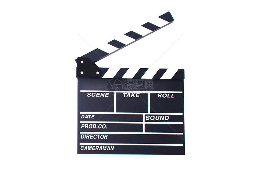 运动摄影Clapperboard或制片人板导演剪切动作电影的场景角色扮演游戏娱乐和对象主题戏剧与视频主题黑木板孤立白背景标识图片
