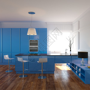 豪华蓝厨房内设计间里面白色的图片