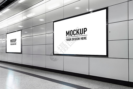 车站广告快门营销位于地下大厅或铁的空白广告牌用于模拟概念低光速门窗空的设计图片