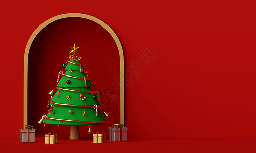 雪橇圣诞快乐和新年圣诞树的景象和带复制空间的礼物3D火车问候图片