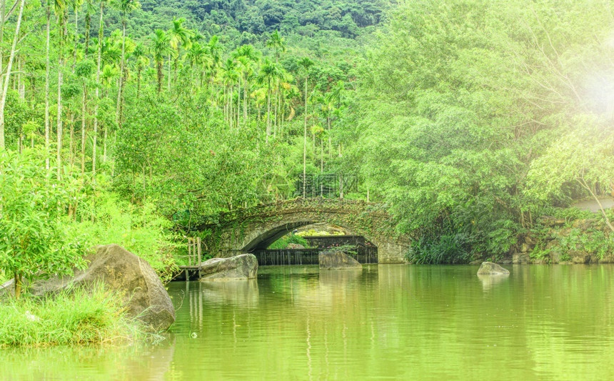 带池塘和桥梁的热带公园三亚带池塘和桥梁的热带公园三亚地标红色的东方图片