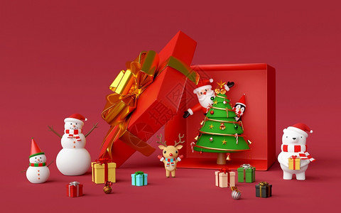 盒子横幅圣诞快乐和新年圣诞树盒装饰品的礼物箱里圣诞老人和朋友一起庆祝3D红色的背景图片