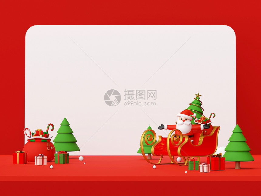 卡通片圣诞快乐和新年圣诞老人在雪橇上的红场景圣诞礼物与复制空间邀请新的图片