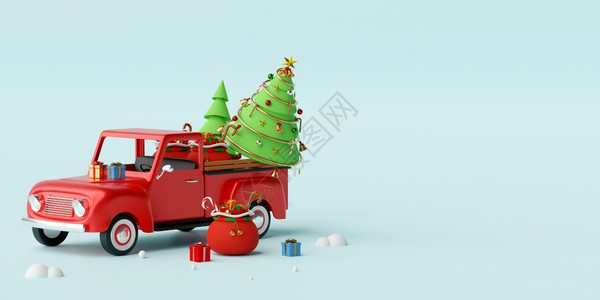 季节圣诞快乐和新年圣诞卡车满礼物树和在卡车后面3D铸造在后面圣诞老人背景图片