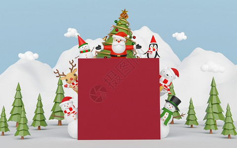 特点糖果圣诞快乐和新年圣诞老人和朋友在雪山的有空白间3D翻译冬天背景图片